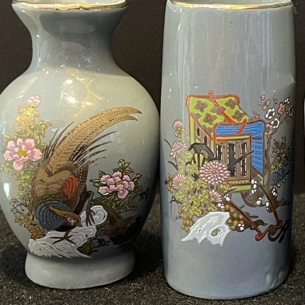 Vintage Mini Vases Gray Made in Japan Set of 4 Floral, Pagoda, Pheasants Design